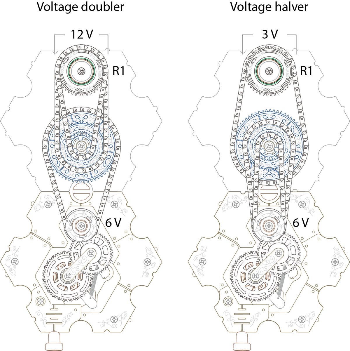 A voltage doubler and a voltage halver made with Spintronic coupling