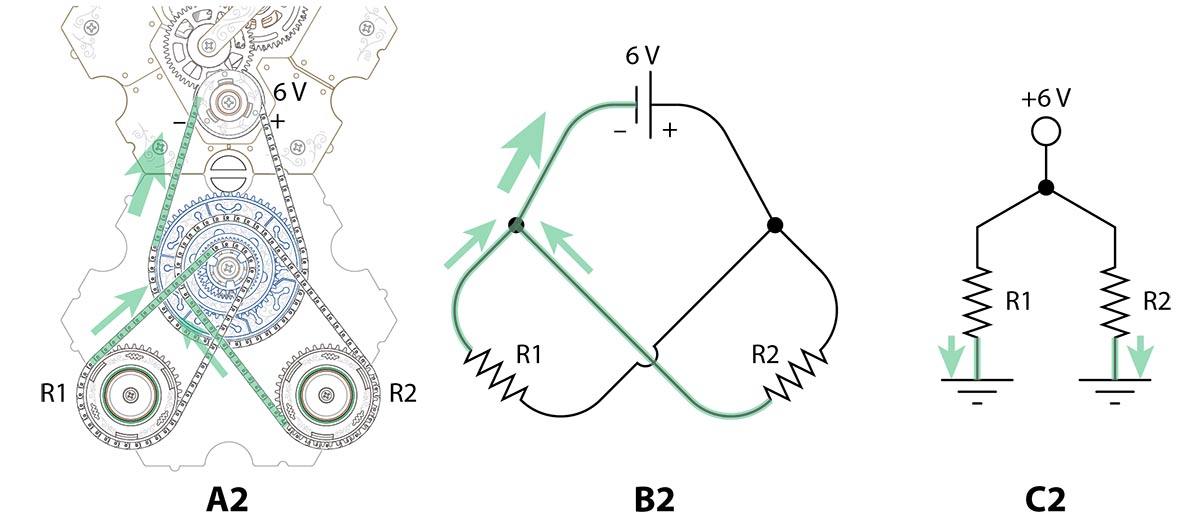 A parallel spintronic circuit and its equivalent electronic circuit, with the return ground path highlighted.